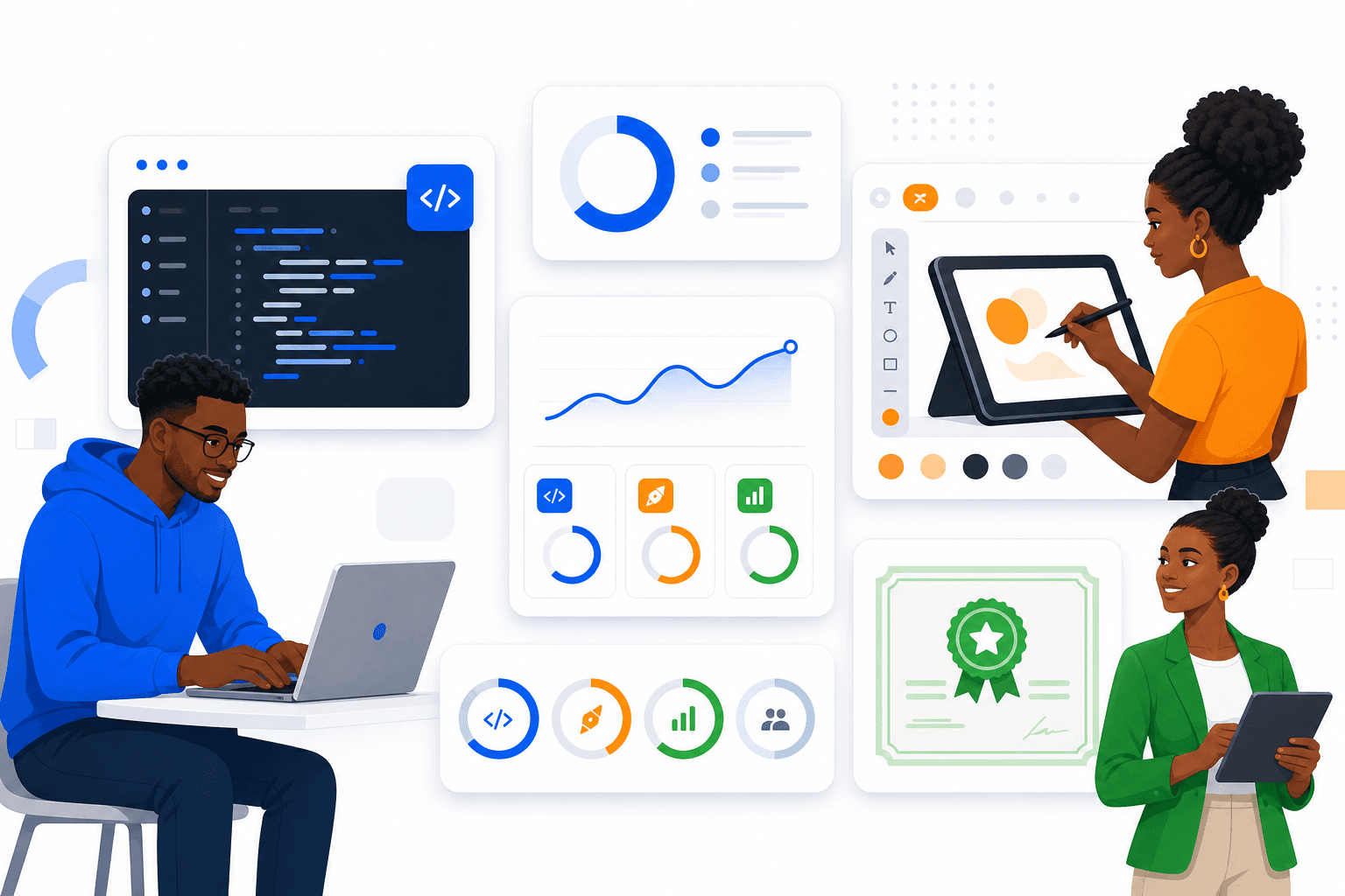 Tableau de compétences techniques : code, design, certifications